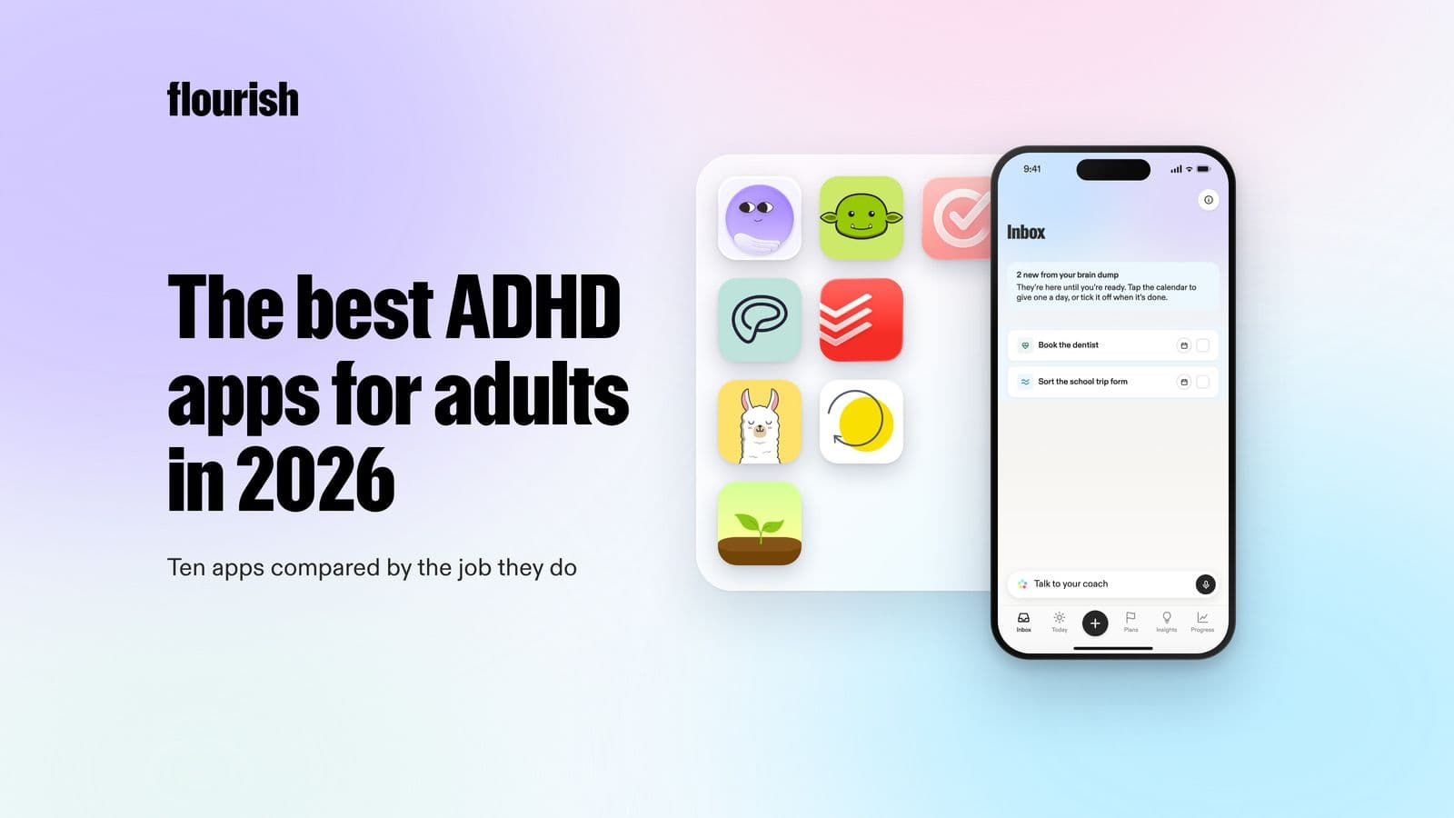 The best ADHD apps for adults in 2026: a grid of ADHD app icons beside the Flourish Inbox screen
