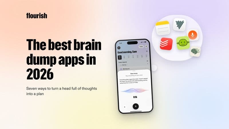 The best brain dump apps in 2026: a thought cloud of note and voice app icons above the Flourish brain dump screen