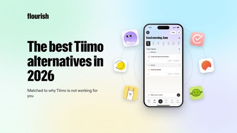 The best Tiimo alternatives in 2026: Tiimo and other planner app icons orbiting the Flourish Today screen